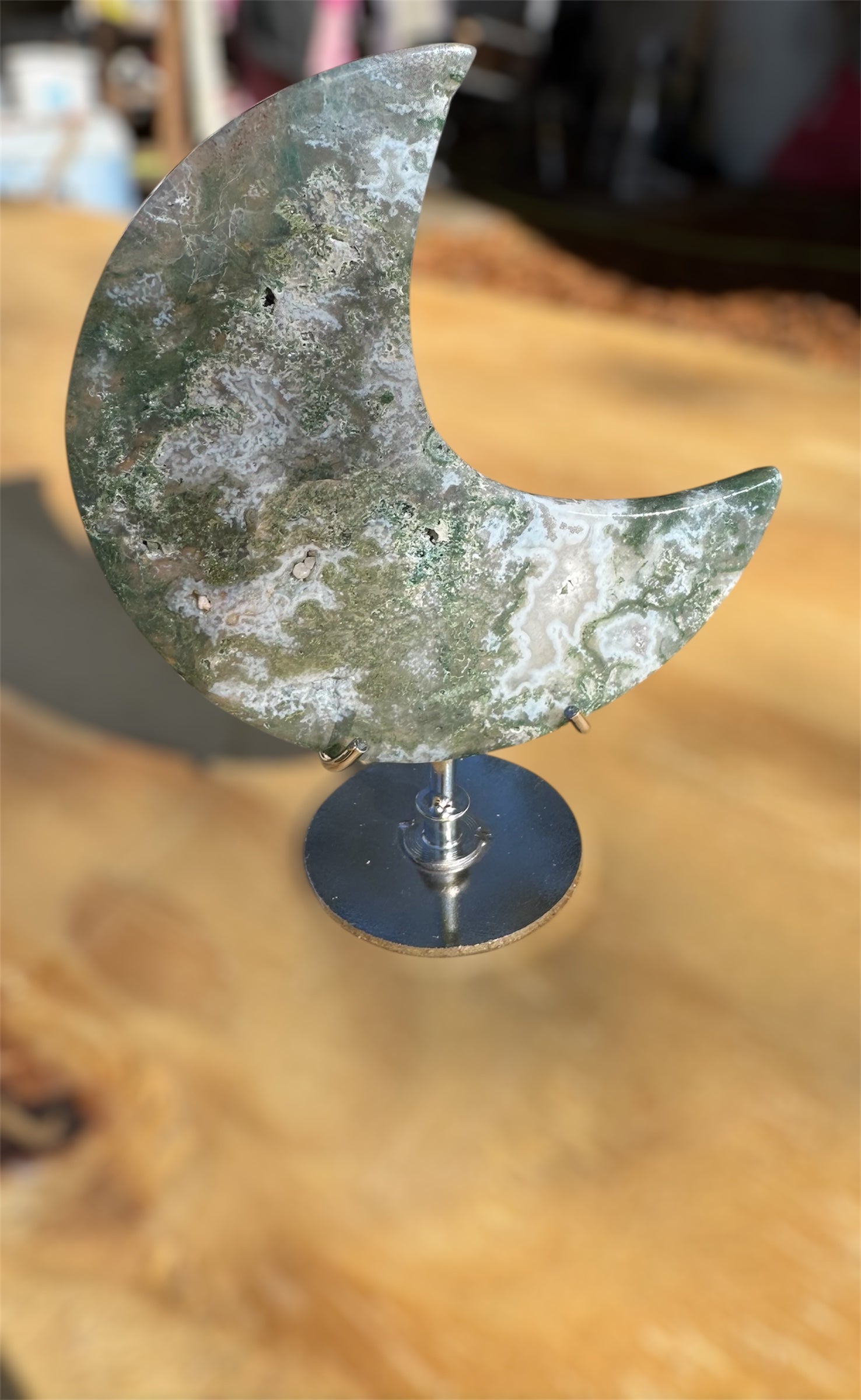 Moss Agate Moon with Stand - B